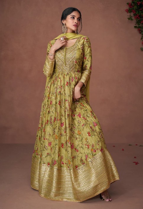 Mehendi Green Floral Printed Organza Silk Anarkali Suit with Embroidery work